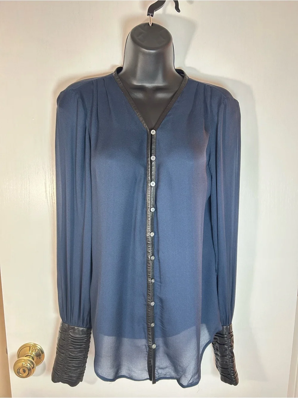 Elizabeth And James Navy Silk and Leather Chantal Blouse Size XS